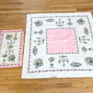 SET 2 Vintage Tablecloth Towel 1950s Flowers Kitchen Retro MCM Kitsch Pink Green